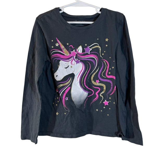 The Childrens Place Girls Unicorn Glitter Long Sleeve Shirt Medium 7/8 Stars Top - Picture 1 of 4